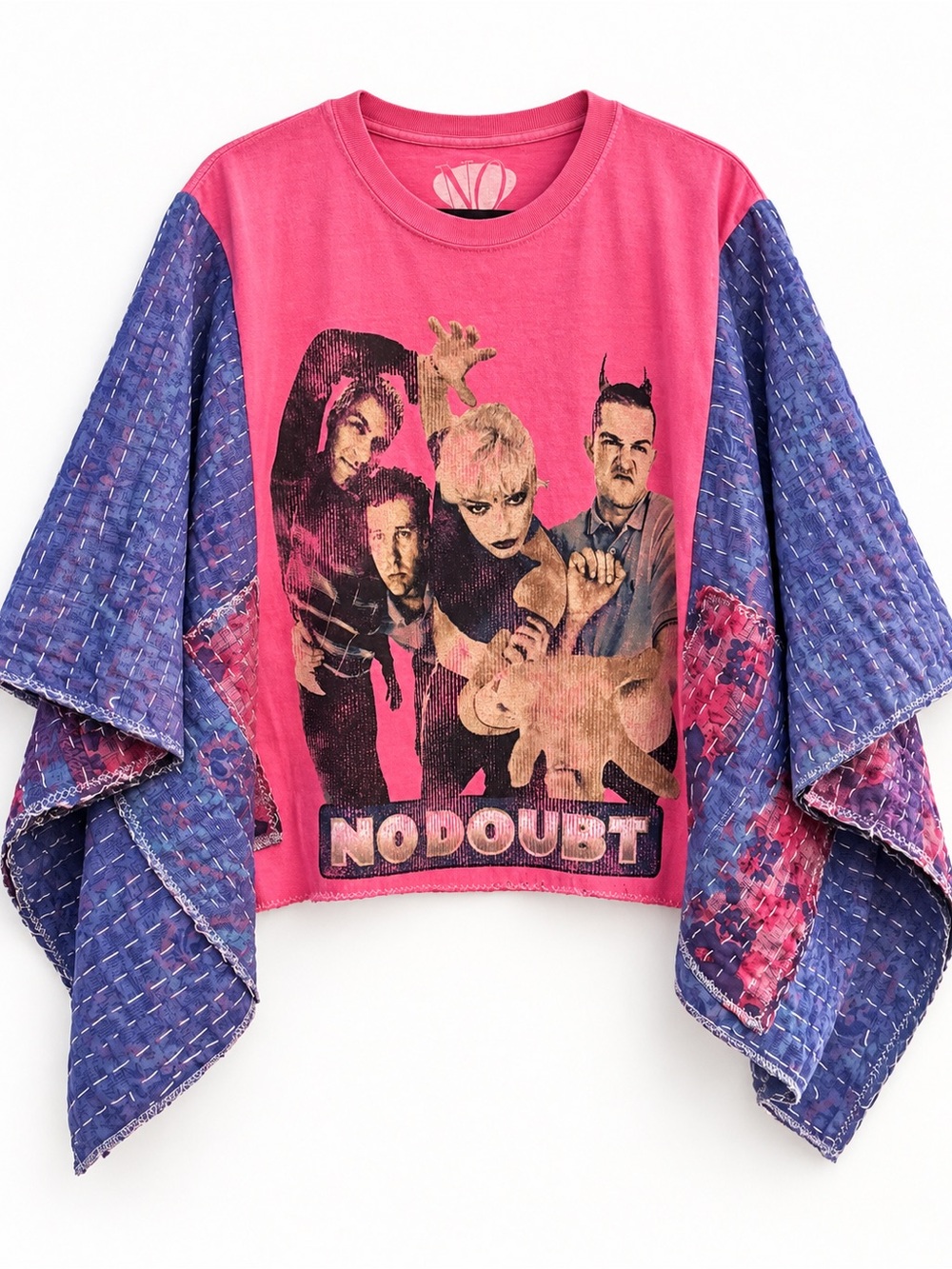 No Doubt Graphic Patchwork Poncho Top Pink Blue Handmade Art to Wear